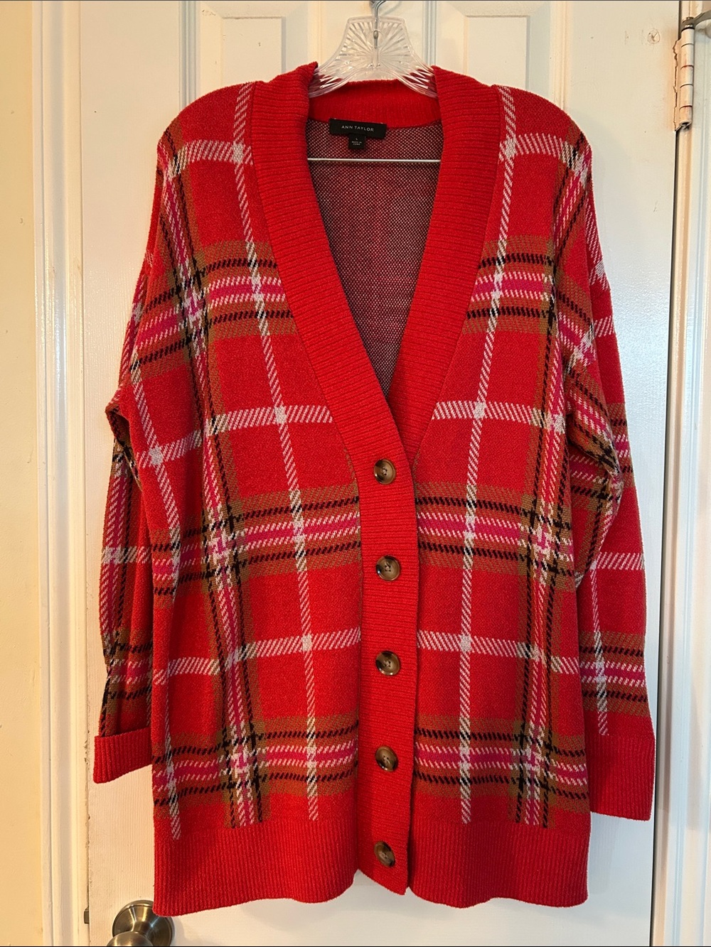 Ann Taylor Red Plaid Button-Front Cardigan with Pink and Brown Accents